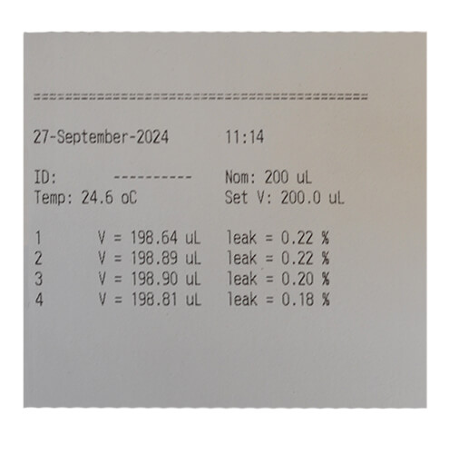 Print out of results from ATMOS pipette tester